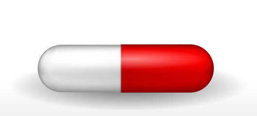 Naturalistic red and white capsule. Cure for diseases. Vaccine in pill. Vector Illustration