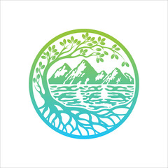 River Tree Logo circle shape design vector template, River Tree eco logo line art. design vector nature graphic minimalist logo template, Abstract design tree and sea icon, Nature wave logo template.