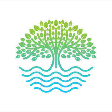 River Tree Logo circle shape design vector template, River Tree eco logo line art. design vector nature graphic minimalist logo template, Abstract design tree and sea icon, Nature wave logo template.
