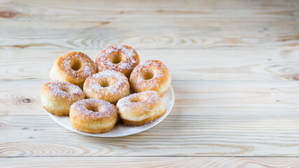 Homemade ring-shaped sugared donuts on a white plate on a light wooden background, rustic style, copy space