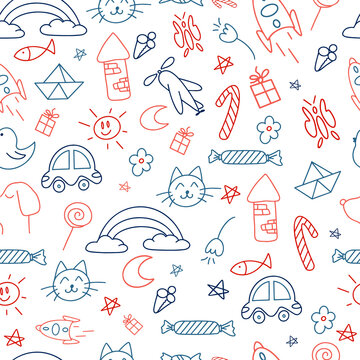 Cute handmade doodle seamless pattern icons for kids and preschoolers. Icon car, cat, dog, candy, tower, rainbow, moon, sun, tower, plane, rocket. Seamless Pattern For Kids