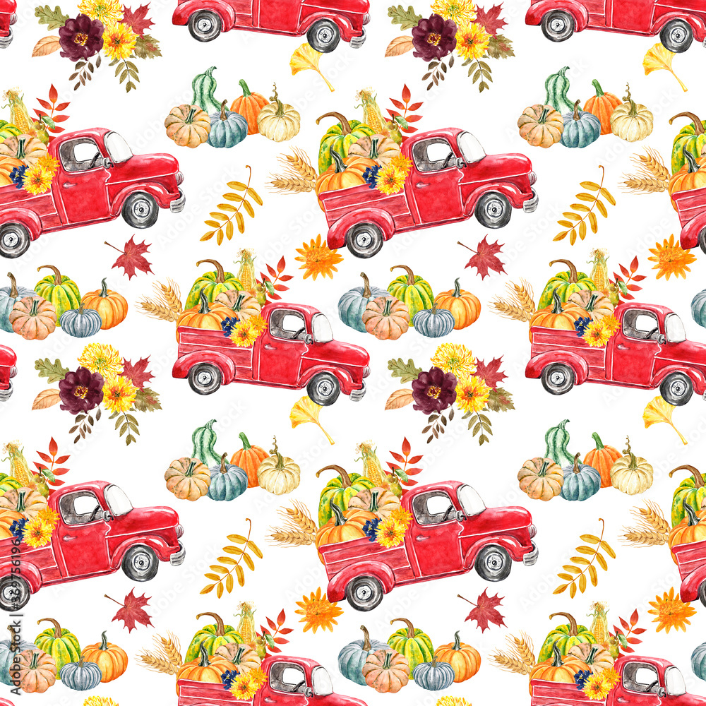 Wall mural Colorful autumn harvest seamless pattern. Vintage red truck with pumpkins, flowers and leaf on white background. Thanksgiving day theme design.