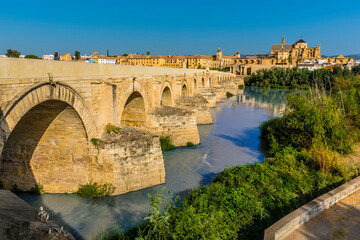 Fototapeta na wymiar A view across the Guadalquivir river and the Roman bridge leading into the ancient city of Cordoba, Spain in the summertime