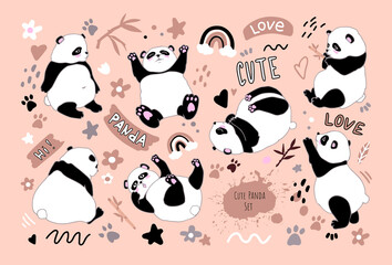 Set with cartoon funny pandas, cute phrases and elements. The panda sits, eats, lies, tumbles. Bamboo Chinese bear. Stock vector illustration. For printing on postcards, office supplies, clothes. © Orange Brush