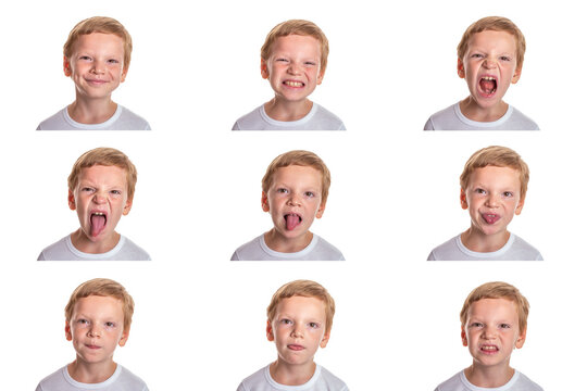 Speech therapy concept. Little boy doing exercises for correct pronunciation. Isolation on a white background. Image set. High quality photo