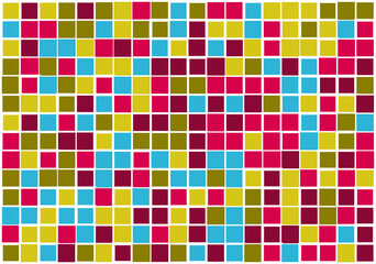 Mosaic from vector squares with trendy blue, yellow  and pink colors and different sized borders in shades of colors for web, cover, wrapping paper, art, etc. backgrounds