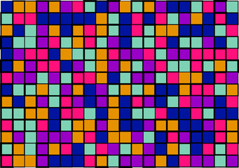 Mosaic from vector squares with trendy blue, yellow  and pink colors and different sized borders in shades of colors for web, cover, wrapping paper, art, etc. backgrounds