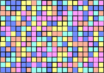 Mosaic from vector squares with trendy blue, yellow  and pink colors and different sized borders in shades of colors for web, cover, wrapping paper, art, etc. backgrounds