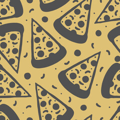 Pizza slices isolated on a cream background. Cute seamless pattern. Vector flat graphic hand drawn illustration. Texture.