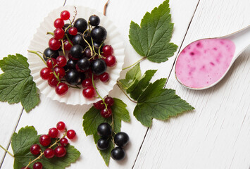 Homemade yogurt with black and red currant in spoon. Fresh berries with leaves on white wooden boards.