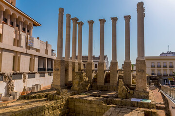 Roman columns stand proud in old town of  Cordoba, Spain