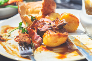 Sunday Roast with 21-day aged Sirloin of Beef, beef dripping roast potatoes, Yorkshire puddings,...