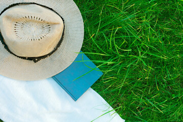 Sun Hat Book Green Grass Summer Holiday Concept Copy Space