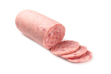 Boiled sausage isolated on white background. Slices.