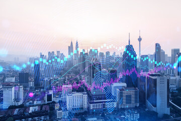 Glowing FOREX graph hologram, aerial panoramic cityscape of Kuala Lumpur at sunset. Stock and bond...