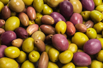 Tasty mix olives background.