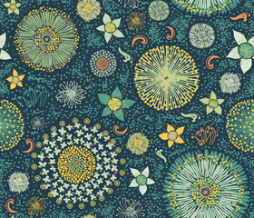 Blooming flowers seamless pattern, colorful floral backdrop, dark green background - 369762321