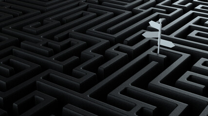 3d illustration concept of crossroad signpost coming out of a black labyrinth