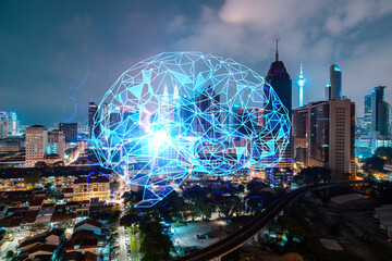 Human brain hologram, aerial panoramic city view of Kuala Lumpur at night. KL is the educational cluster in Malaysia, Asia. The concept of artificial intelligence. Double exposure.