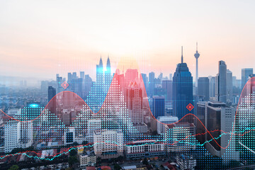 Glowing FOREX graph hologram, aerial panoramic cityscape of Kuala Lumpur at sunset. Stock and bond trading in KL, Malaysia, Asia. The concept of fund management. Double exposure.