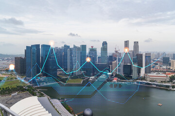Financial stock chart hologram over panorama city view of Singapore, business center in Asia. The concept of international transactions. Double exposure.