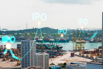 IPO icon hologram over panorama city view of Singapore, the hub of initial public offering in Asia. The concept of exceeding business opportunities. Double exposure.
