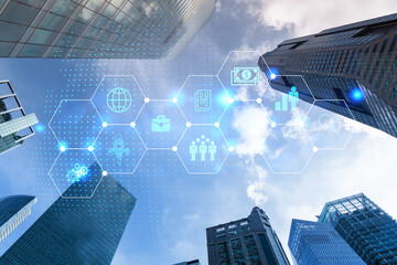 Research and development hologram on low, wide angle view of glass and steel contemporary...