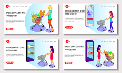 Obraz na płótnie Canvas Website design for online grocery store. Girl with a grocery trolley entering the phone for groceries. Grocery store, supermarket, food delivery, online shopping concept. Vector illustration. 
