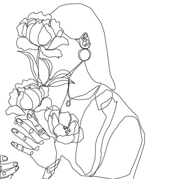 girl holding flowers continuos drawing contour thin line beauty minimalism concept illustration