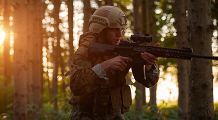 soldier in action aiming  on weapon  laser sight optics