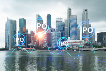 IPO icon hologram over panorama city view of Singapore, the hub of initial public offering in Asia....