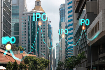 IPO icon hologram over panorama city view of Singapore, the hub of initial public offering in Asia....