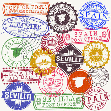 Seville Spain. Stamp. Vector Art. Postal Passport. Travel Design Set. Postage.