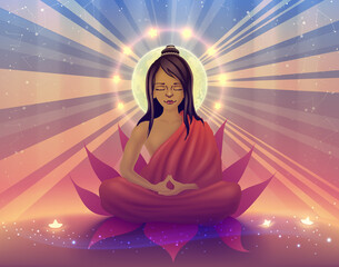 Buddhist sits in deep meditation and concentration in a state of samadhi, yogi, ascetic doing retreat, saint, enlightened, awakened buddha, satsang teacher in orange clothing vector illustration.