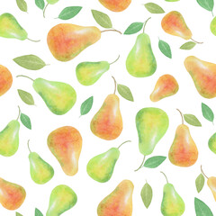 Watercolor illustration of the fruit. Seamless pattern of pears on a white background.