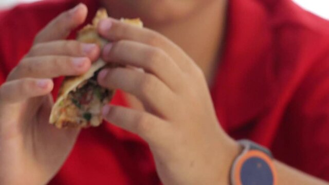 Boy hungrily bites and chews rolled Turkish pizza lahmacun. High quality FullHD footage