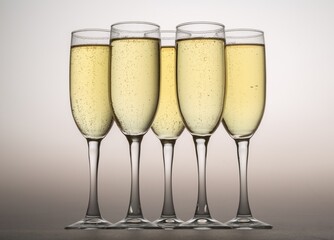 Five Champagne Glasses on Grey Background