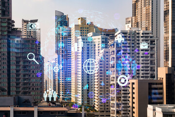 Social media icons hologram over panorama city view of Bangkok, Asia. The concept of people networking and connections. Double exposure.