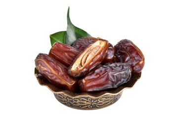 Palm dates on the golden plate, white background.
