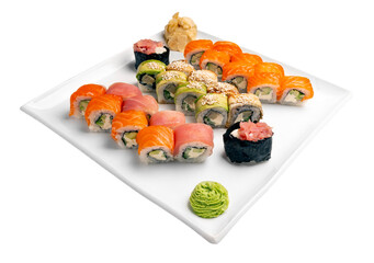 Sushi set on a white plate. Isolated on a white background