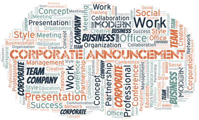 Corporate Announcement vector word cloud, made with text only.
