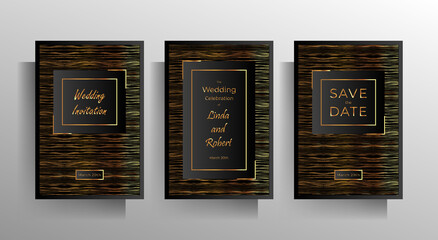 Design wedding invitation template set. Gold striped texture on a black background. Vector 10 eps.