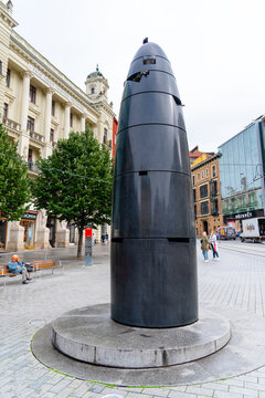 BRNO, CZECH REPUBLIC - JUNE 19, 2020: Bizarre black astronomical clock. Modern art in the city centre, Brno, Czech Republic