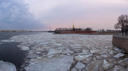 Neva River with floating ice in Saint- Petersburg.