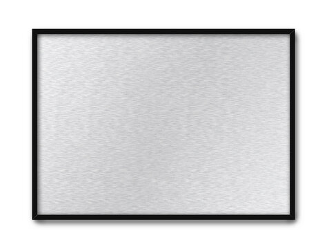Black picture frame with silver brushed metal texture inside, blank. Template for shop or business name sign. Custom metal signage texture. Isolated on white.
