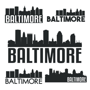 Baltimore Maryland USA Flat Icon Skyline Silhouette Design City Vector Art Famous Buildings Color Set.