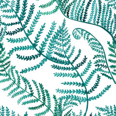 Fern leaves seamless pattern. Watercolor tropical foliage endless background. Green fern watercolor illustration for fabrics and surface design.