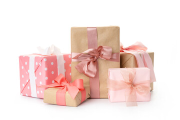 set of beautiful handmade gift boxes with pink ribbons. holidays, birthday, new year, mother's day