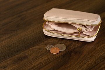 Pink wallet open and a scattering of cents on the table near the pocketbook.  Isolated on a wood color background
Close up of a wallet with a shortage of coin.  Coin shortage due to pandemic
