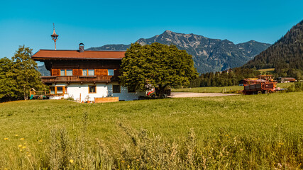Fototapeta na wymiar Beautiful alpine morning view of the famous Wilder Kaiser mountains at Ellmau, Tyrol, Austria